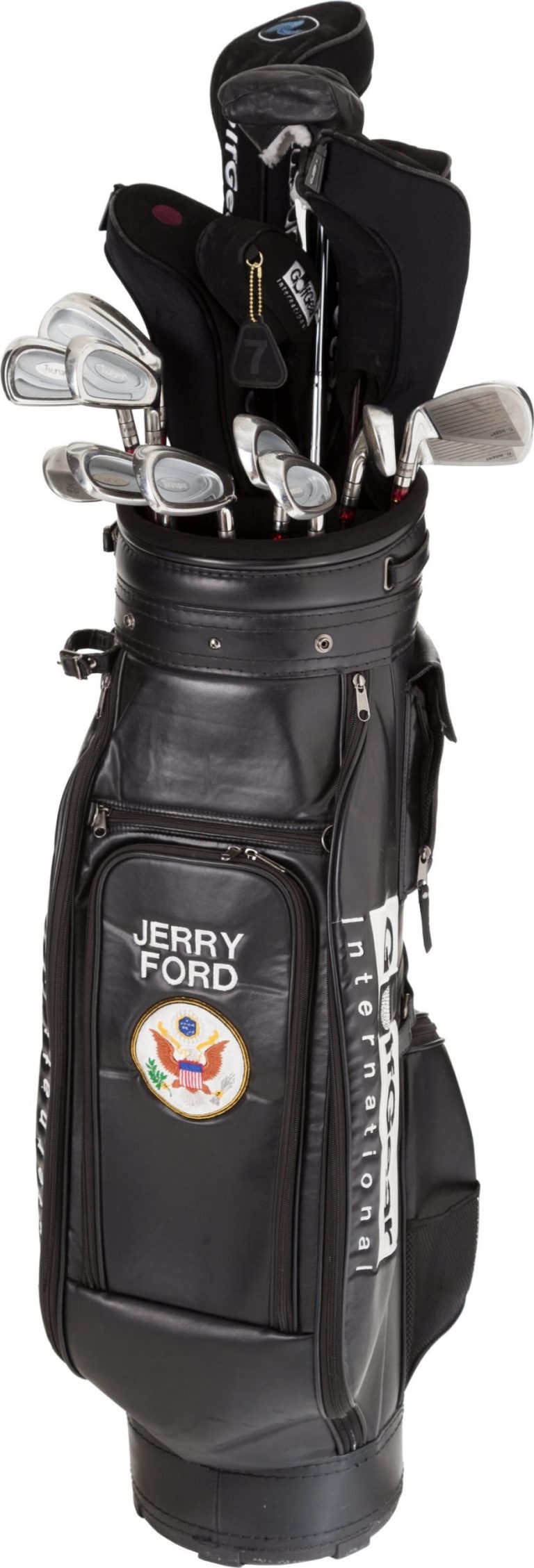   This undated photo provided by Dallas-based Heritage Auctions shows a set of golf clubs owned by President Gerald Ford. The late president's golf clubs were the top earner at the Tuesday, Dec. 11, 2012 auction to raise money for construction of a new student learning center at the Gerald R. Ford Museum in Grand Rapids, Mich. The clubs â in a bag bearing the late president's name, two American flags and the presidential seal â sold for about $26,290. (AP Photo/Courtesy Heritage Auctions)  
