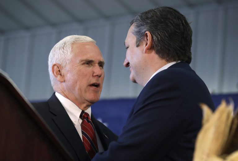 During his remarks, Cruz labeled Pence a friend but noticeably avoided much talk of Trump. (AP Photo/Charlie Neibergall)
