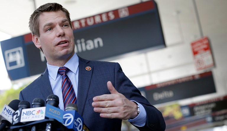 Rep. Eric Swalwell, D-Calif, fired back at President Trump after he called for a government shutdown in September to get rid of the legislative filibuster in the Senate. (AP Photo/Marcio Jose Sanchez)