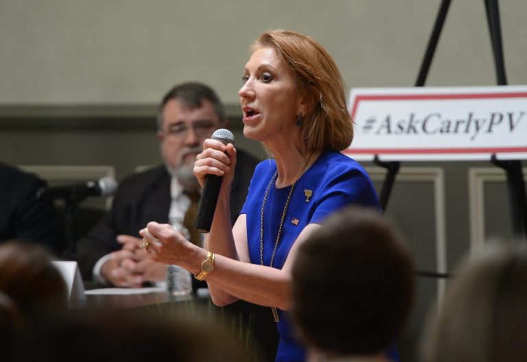 Republican presidential hopeful Carly Fiorina speaks during a reception and panel discussion in Spartanburg, S.C. on Wednesday, May 27, 2015. (John Byrum/Spartanburg Herald-Journal via AP)