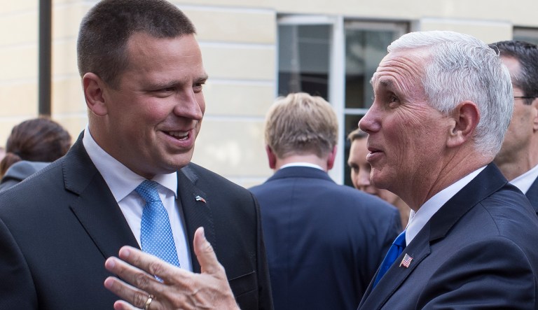 U.S. Vice President Mike Pence, right, and Estonia's Prime Minister Juri Ratas speak prior to their meeting at the Stenbocki house in Tallinn, Estonia, Sunday, July 30, 2017. (AP Photo/Mindaugas Kulbis)