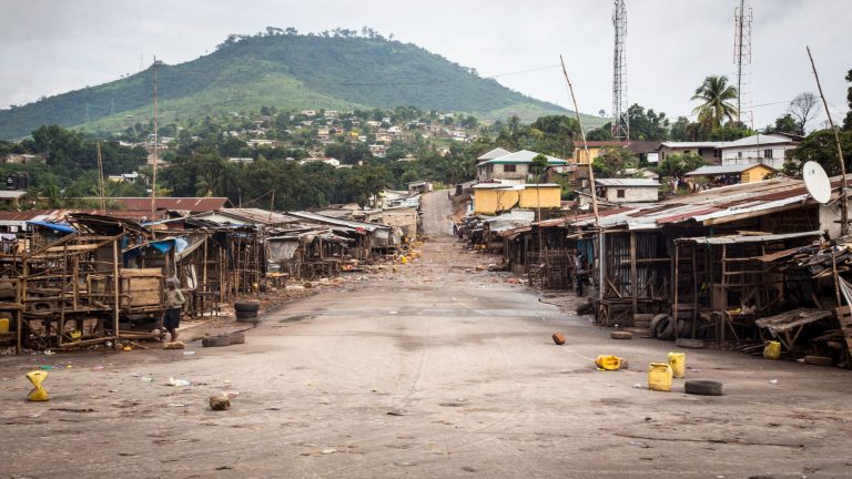 An empty local market area is seen, as Sierra Leone government enforces a three day lock-down on movement of all people in a attempt to fight the Ebola virus, in Freetown, Sierra Leone, Friday, Sept. 19, 2014. Thousands of health workers began knocking on doors across Sierra Leone on Friday in search of hidden Ebola cases with the entire West African nation locked down in their homes for three days in an unprecedented effort to combat the deadly disease. (AP Photo/ Michael Duff)