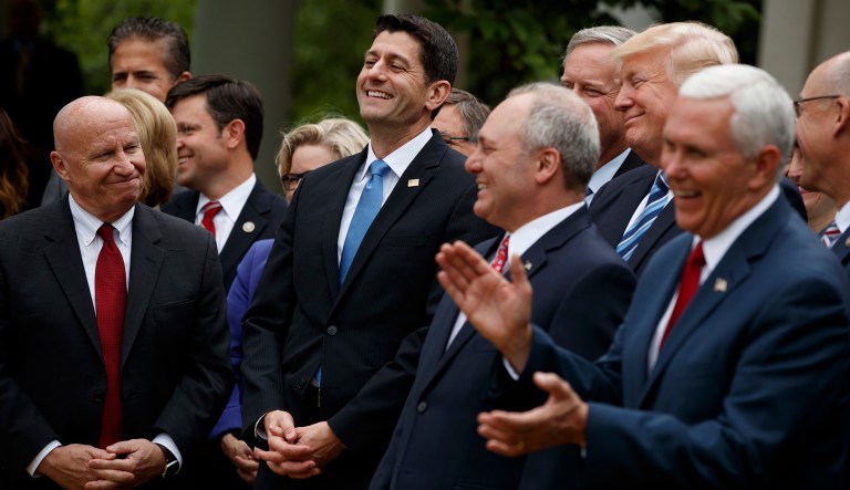 House Republicans cheer for Speaker Rep. Paul Ryan, R-Wis., after the House pushed through the American Health Care Act. (AP Photo/Evan Vucci)