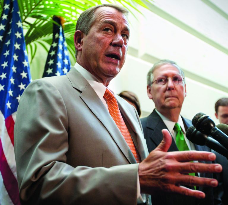 FILE - In this June 6, 2012, House Speaker John Boehner of Ohio, accompanied by Senate Minority Leader Mitch McConnell of Ky., right, gestures during a news conference on Capitol Hill in Washington. President Barack Obama had a clear political edge in his fight with Republicans over the fiscal cliff, and used it to his advantage. In the upcoming battle over federal borrowing and spending, the leverage will be more evenly divided and the outcome less predictable. In the fiscal cliff fight, Obama wanted to block automatic New Year's Day tax increases on everyone but the country's highest earners. Republicans were trying to protect upper-income people from those tax hikes, but eventually gave in because they didn't want to be blamed for the higher middle-class taxes that a stalemate would have triggered. Next come three deadlines that will almost certainly become entwined. The government will run out of cash in about two months and the Obama administration will need congressional approval to borrow more money or face a first-ever federal default, threatening global, economy-rattling consequences. Boehner and McConnell have said they won't agree to a debt-limit extension without an accord to cut spending. Just as adamantly, Obama says the government's debt ceiling must be raised and he won't negotiate over it, though he says he would bargain over spending cuts and tax increases to reduce federal deficits. (AP Photo/J. Scott Applewhite, File)
