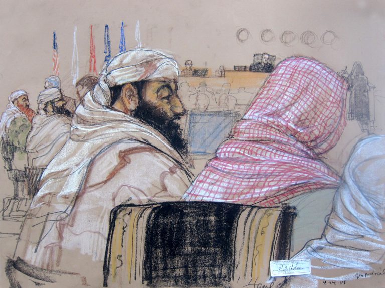 In this pool photo of a Pentagon-approved sketch by court artist Janet Hamlin, defendant Ramzi Binalshibh, center, attends his pretrial hearing.