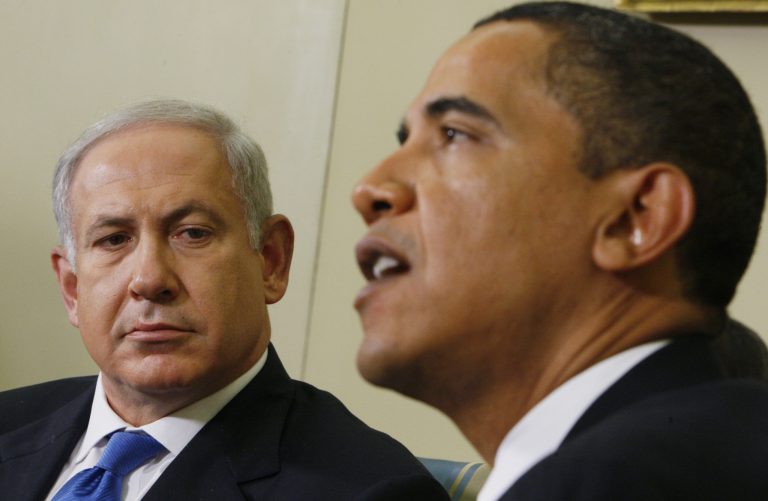 FILE -- In this Monday, May 18, 2009 file photo, Israeli Prime Minister Benjamin Netanyahu, right, looks towards President Barack Obama as he speaks to reporters in the Oval Office of the White House in Washington. President Barack Obama's vow to take his message straight to the public during his first presidential visit to Israel next week will be a tough sell with many Israelis who consider him naive, too soft on the nation's enemies and even hostile to Prime Minister Benjamin Netanyahu. (AP Photo/Charles Dharapak, File)