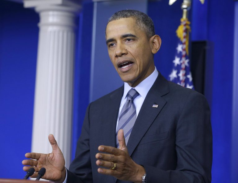 President Obama talks about the situation in Ukraine on Thursday in the briefing room of the White House in Washington. (AP Photo/Manuel Balce Ceneta)