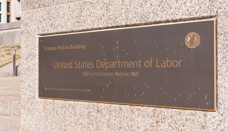 Sign on the exterior of The Francis Perkins building at 200 Constitution Avenue NW in Washington DC, USA. Building is used by United States Department of Labor.