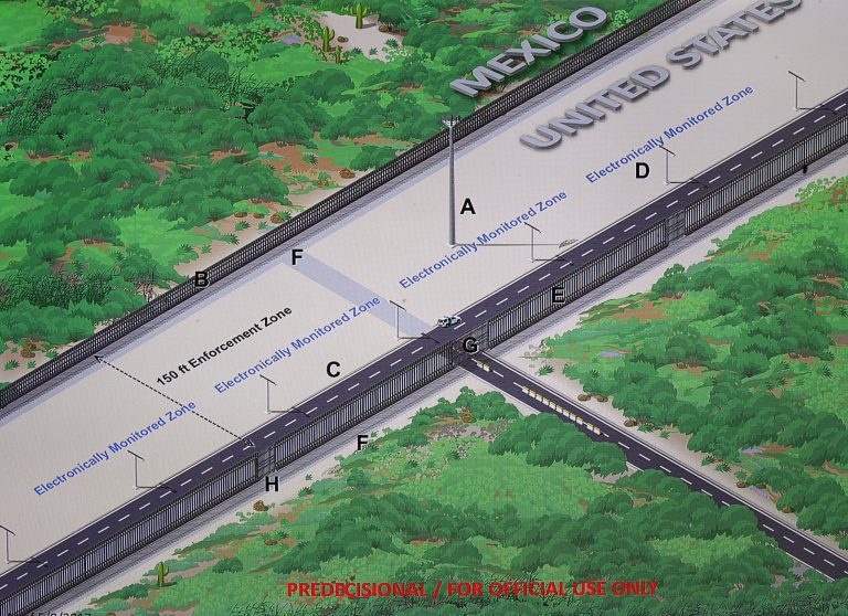 This photo show a concept illustration of a U.S.-Mexico border enforcement zone during a news conference where U.S. Customs and Border Protection Acting Deputy Commissioner Ronald Vitiello, announced Thursday, Aug. 31, 2017 in Washington, the selected vendors for construction of the concrete wall prototypes for the border wall. (AP Photo/Manuel Balce Ceneta)