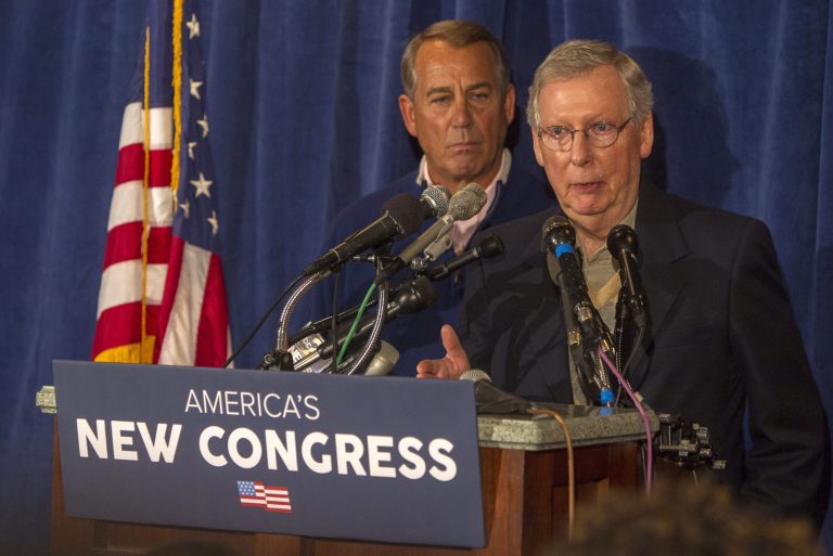 House Speaker John Boehner, left, and Senate Majority Leader Mitch McConnell meet with the press at the GOP retreat at the Hershey Lodge in Hershey, Pa., Thursday, Jan. 15, 2015. (AP Photo/PennLive.com, Mark Pynes)
