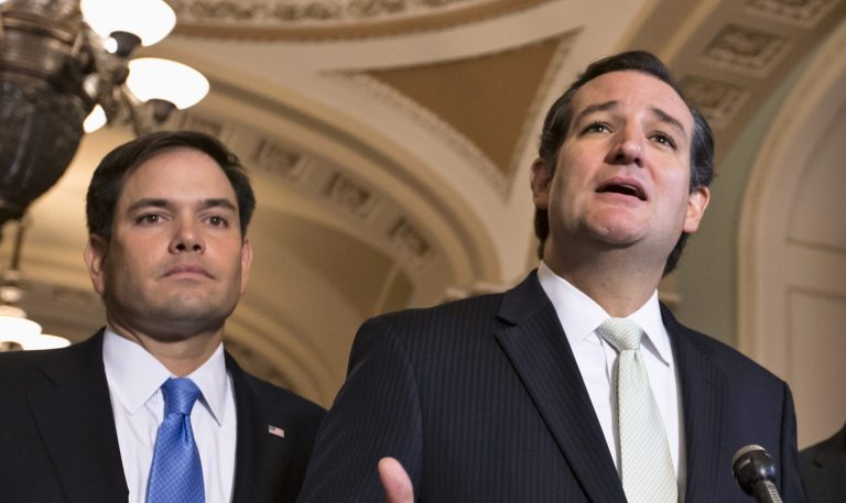 Sen. Marco Rubio of Florida, left said Sunday that no strategy for decapitating the Islamic State of Iraq and Syria would be complete without attacking the extremist movement's command and control centers inside Syria. But Sen. Ted Cruz of Texas, who has previously called for President Obama to bomb ISIS 