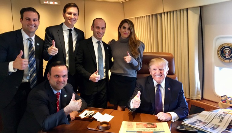 President Trump marked the one-year anniversary of his victory in the 2016 elections with a tweet and a photo along with White House communications director Hope Hicks, White House senior adviser Stephen Miller, White House senior adviser and the president's son-in-law Jared Kushner, personal aide and special assistant to the president John McEntee, and White House social media director Dan Scavino. (Screenshot)