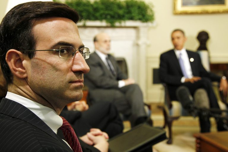 Former OMB Director Peter Orszag looks on as President Obama meets with Federal Reserve Chairman Ben Bernanke in the Oval Office of the White House in Washington in June 2010. (AP Photo/Charles Dharapak)
