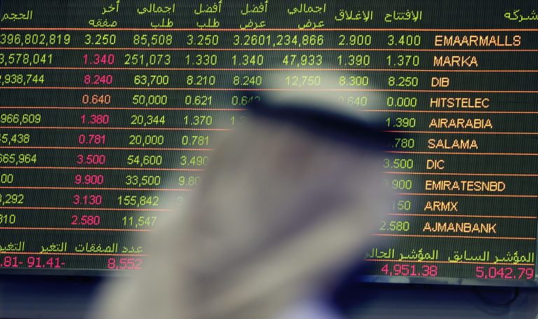 An Emirati trader checks the stocks of Emaar Malls on the screen at the Dubai Financial Market in United Arab Emirates, Thursday, Oct. 2, 2014. Shares in the owner of the Middle East's largest mall jumped over 12 percent in the first day of trading on the Dubai stock exchange after its initial public offering. (AP Photo/Kamran Jebreili)