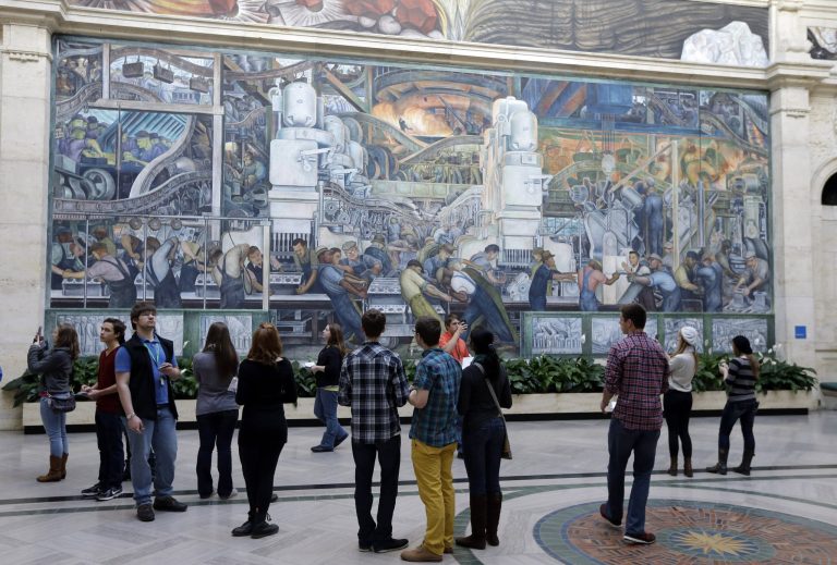 The Detroit Industry Murals by the Diego Rivera are seen in Rivera Court at the Detroit Institute of Arts in December. (AP Photo/Carlos Osorio)
