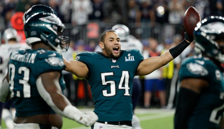 Philadelphia Eagles' Kamu Grugier-Hill celebrates during the second half of the NFL Super Bowl 52 football game against the New England Patriots, Sunday, Feb. 4, 2018, in Minneapolis. (AP Photo/Matt York)