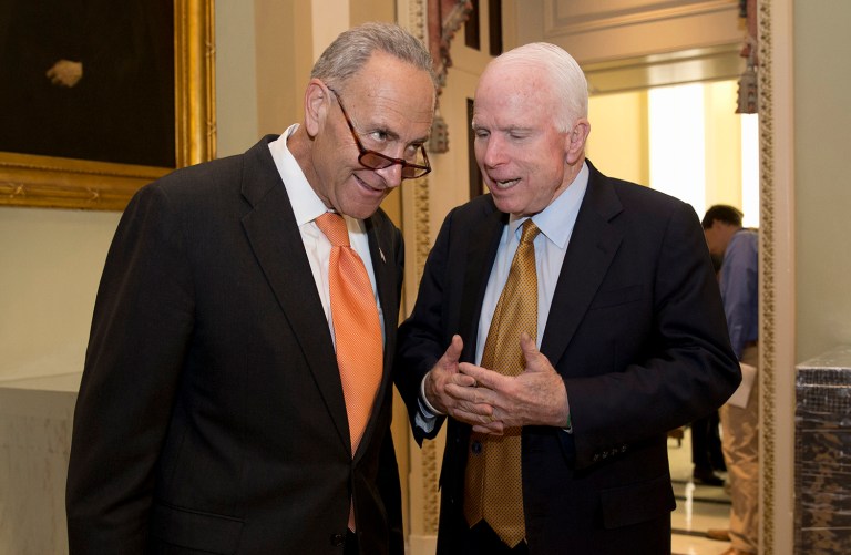 Sen. Chuck Schumer, D-N.Y., left, and Sen. John McCain, R-Ariz., called for independent investigations into Russian hacking of the DNC that the intelligence community says was meant to influence the election. (AP Photo/Carolyn Kaster)