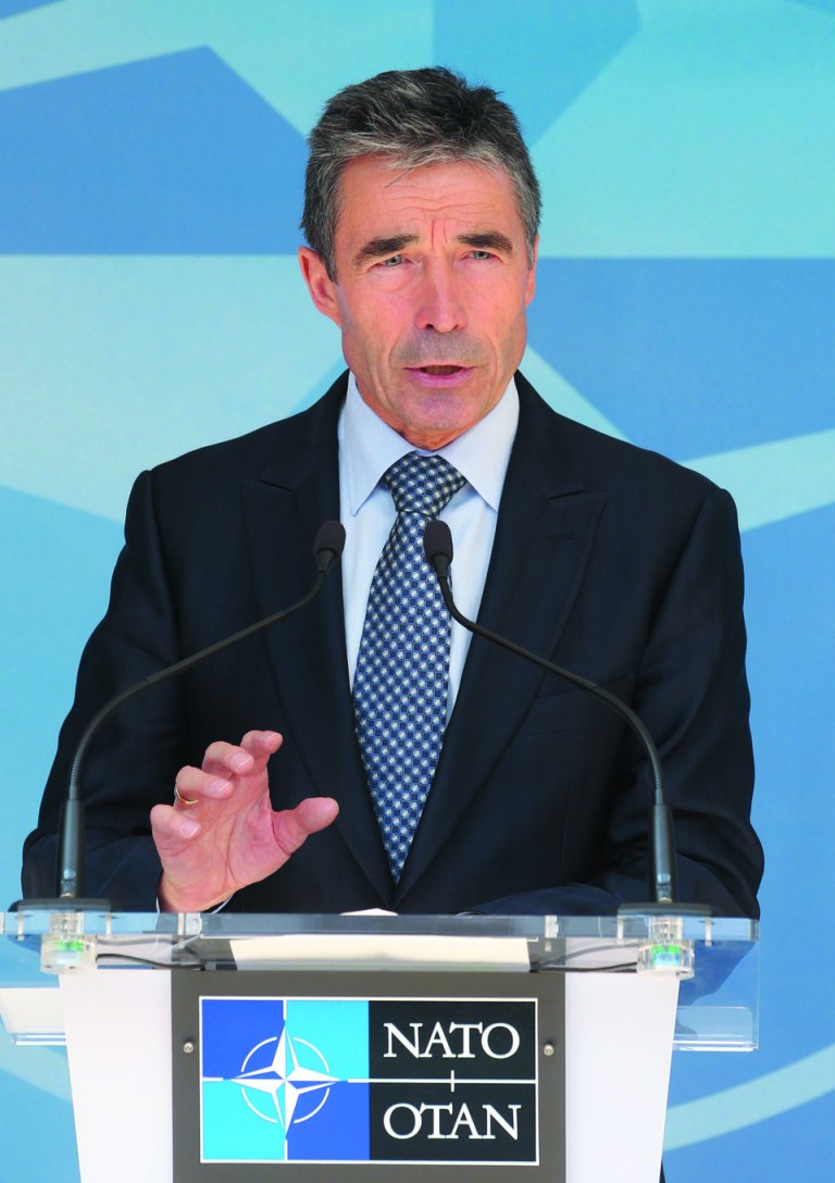 NATO Secretary General Anders Fogh Rasmussen addresses the media after he met with NATO ambassadors, at NATO headquarters in Brussels, Tuesday, June 26, 2012. According to NATO, Syria's downing of a Turkish jet is 'unacceptable,' and NATO condemns 'it in the strongest terms'. (AP Photo/Yves Logghe)