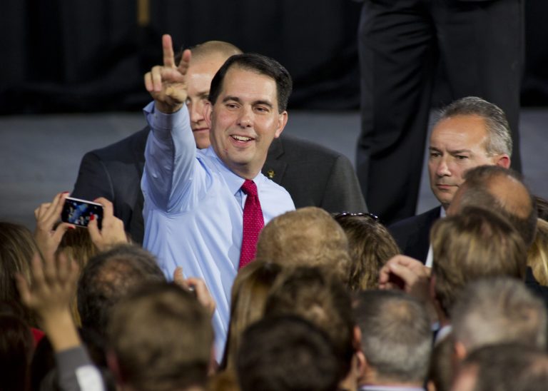 Wisconsin Gov. Scott Walker greets supporters at his election night party November 4, 2014 in West Allis, Wisconsin. Walker defeated Democratic challenger Mary Burke. (Photo by Darren Hauck/Getty images)