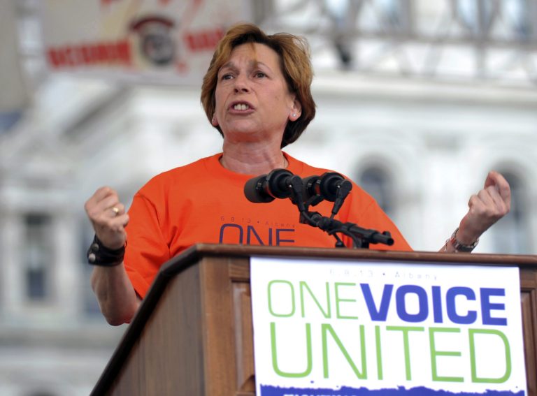 American Federation of Teachers President Randi Weingarten speaks to the crowd during the 