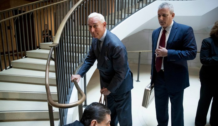 Longtime Donald Trump associate Roger Stone testified before the House intelligence panel during a closed session in September (AP Photo/Andrew Harnik)