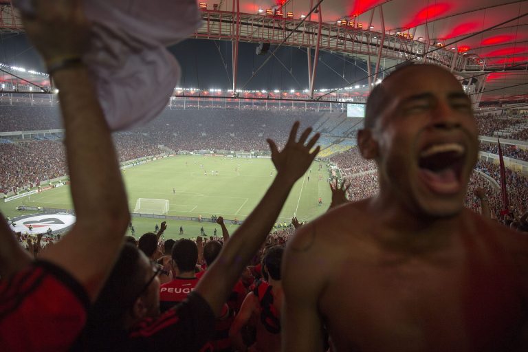 In this April 9, 2014 photo, a fan of Brazil's Flamengo soccer team celebrates his team's goal during a Copa Libertadores match in Maracana stadium in Rio de Janeiro, Brazil. Soccer's big moment happens in June as the best players on the planet meet in Brazil for the World Cup. Brazil is a five-time champion of the World Cup and is seeking a record sixth World Cup title, Brazil has won 13 of its last 14 games. (AP Photo/Leo Correa)