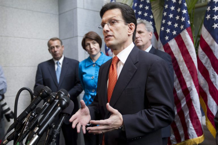   FILE - In this Feb. 15, 2012, file photo, House Majority Leader Eric Cantor of Va., accompanied by fellow GOP leaders House Speaker John Boehner of Ohio, Rep. Cathy McMorris Rodgers, R-Wash., Cantor, and House Majority Whip Kevin McCarthy, R-Calif., gestures during a news conference on Capitol Hill in Washington, to discuss the payroll tax cut negotiations. Republicans are calling it 