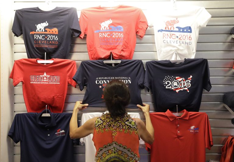 Preparations take place inside of Quicken Loans Arena for the Republican National Convention, Sunday, July 17, 2016, in Cleveland. (AP Photo/Matt Rourke)
