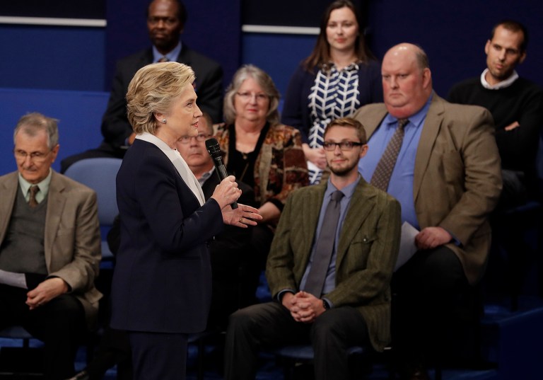 Democratic presidential nominee Hillary Clinton speaks during the second presidential debate. According to a new survey, 42 percent thought Clinton won the second debate. (AP Photo/John Locher)