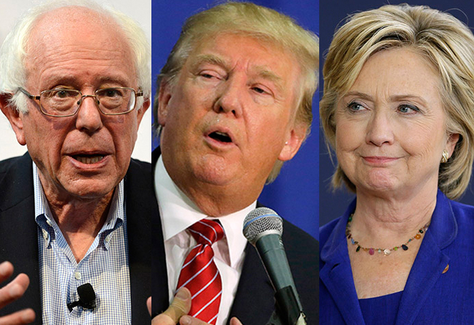 While Hillary Clinton leads Vermont Sen. Bernie Sanders by 14 percentage points in a new poll, Sanders performs much better in a hypothetical general election matchup against Donald Trump. (AP Photos)