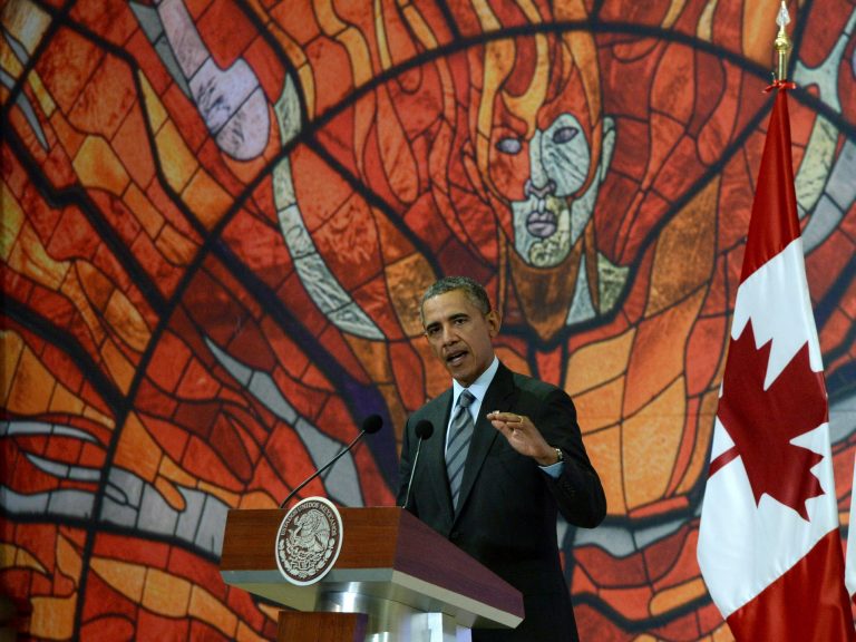 President Barack Obama speaks at the North American Leaders Summit closing news conference in Toluca, Mexico, Wednesday, Feb. 19, 2014. Obama was in Toluca for a one-day summit with Mexican and Canadian leaders, meeting on issues of trade and other neighbor-to-neighbor interests, even as Congress is pushing back against some of his top cross-border agenda items. (AP Photo/The Canadian Press, Sean Kilpatrick)