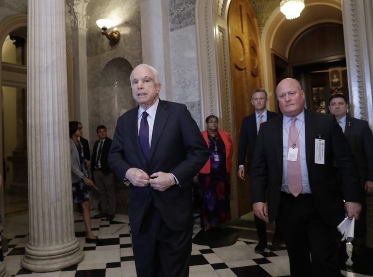 Sen. John McCain, who arrived on Capitol Hill this week for several days of work following his diagnosis, said an agreement had been reached on proposed amendments to the National Defense Authorization Act, which was passed by his Armed Services Committee in June. As chairman, the Arizona Republican would typically shepherd it to a final Senate vote. (AP Photo/Andrew Harnik)