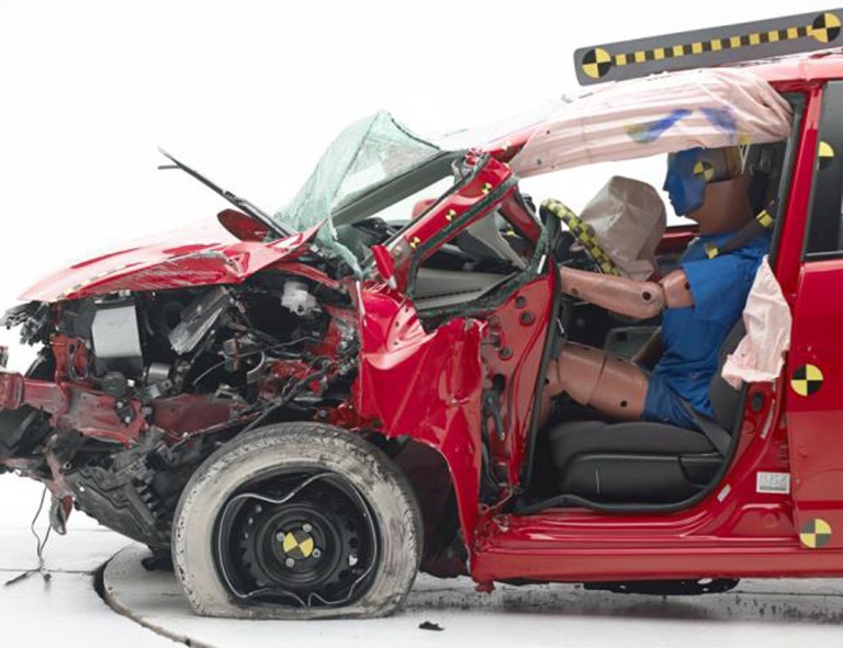 HOLD FOR RELEASE UNTIL 12:02 A.M. EST WEDNESDAY JAN. 22. THIS PHOTO MAY NOT BE PUBLISHED, BROADCAST OR POSTED ONLINE BEFORE 12:02 A.M. EST - This undated photo provided by the Insurance Institute for Highway Safety shows he Honda Fit during a crash test. The agency says the Fit and Fiat 500 were the worst performers of  the 12 minicars tested in terms of potential injury to drivers. (AP Photo/Insurance Institute for Highway Safety)