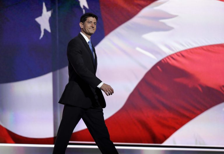 Speaker Paul Ryan of Wisconsin walks to the podium during the second day session of the Republican National Convention in Cleveland, Tuesday, July 19, 2016. (AP Photo/Matt Rourke)