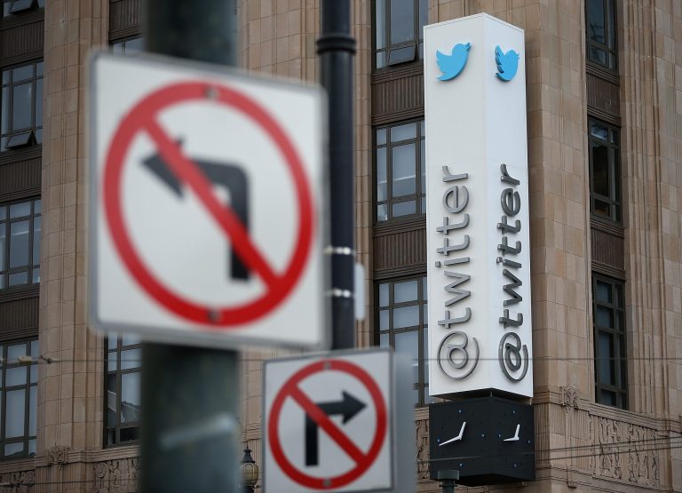 A sign is posted on the exterior of the Twitter headquarters on February 5, 2014 in San Francisco, California. (Photo by Justin Sullivan/Getty Images)