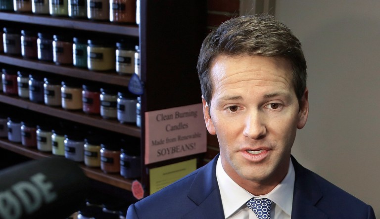 In this Feb. 6, 2015, file photo, former U.S. Rep. Aaron Schock, R-Ill. speaks to reporters in Peoria, Ill.