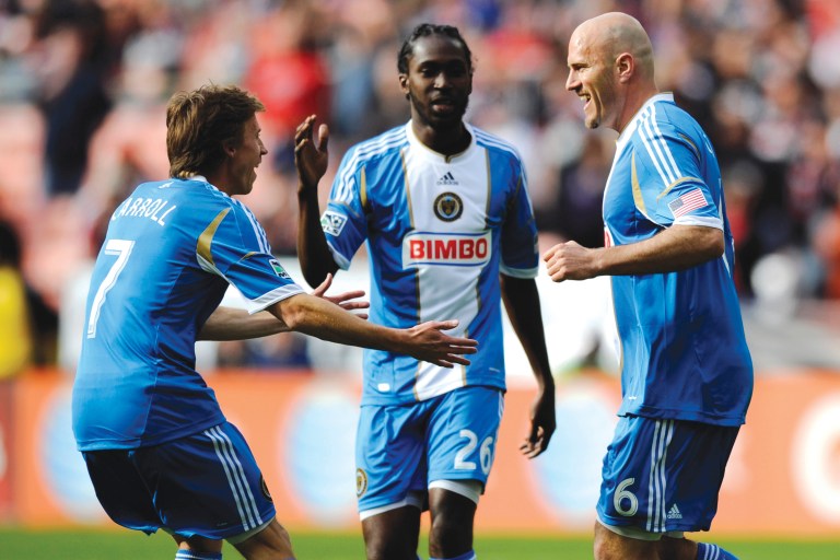 Nick Wass/AP
Conor Casey, right, set up one goal and scored another in the game's first 11 minutes for the Union.