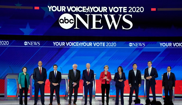 From left, Democratic presidential candidates Sen. Amy Klobuchar, D-Minn., Sen. Cory Booker, D-N.J., South Bend Mayor Pete Buttigieg, Sen. Bernie Sanders, I-Vt., former Vice President Joe Biden, Sen. Elizabeth Warren, D-Mass., Sen. Kamala Harris, D-Calif., entrepreneur Andrew Yang, former Texas Rep. Beto O'Rourke and former Housing Secretary Julian Castro are introduced Thursday, Sept. 12, 2019, before a Democratic presidential primary debate hosted by ABC at Texas Southern University in Houston.