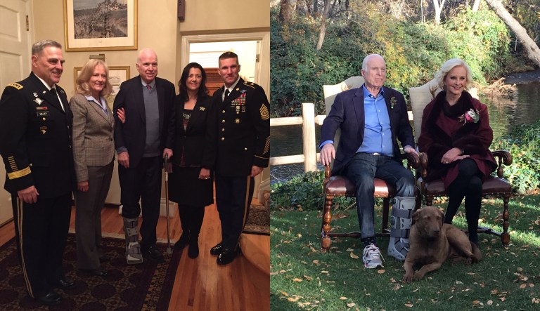 Photos on Sen. John McCain's Twitter feed appear to show the Arizona Republican wearing a boot sometimes on his left, sometimes on his right foot. The detail did not escape Twitter users who offered a slew of conspiracy theories in response. (screenshot)