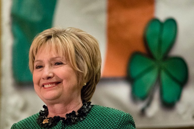 Hillary Clinton speaks at the Society of Irish Women's annual dinner on St. Patrick's Day in her late father's hometown in Scranton, Pa., Friday. (AP Photo/Matt Rourke)