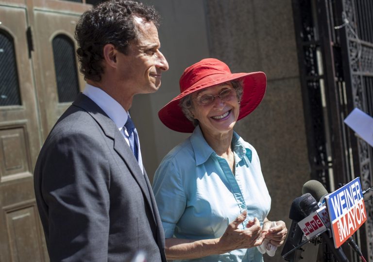New York City mayoral candidate Anthony Weiner holds a press conference with his mother Frances Weiner in New York City on August 15. (Michael Nagle/Getty Images)