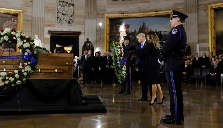 President Trump and first lady Melania Trump participate in a ceremony honoring Reverend Billy Graham in the Rotunda of the U.S. Capitol building. (AP Photo/Evan Vucci)