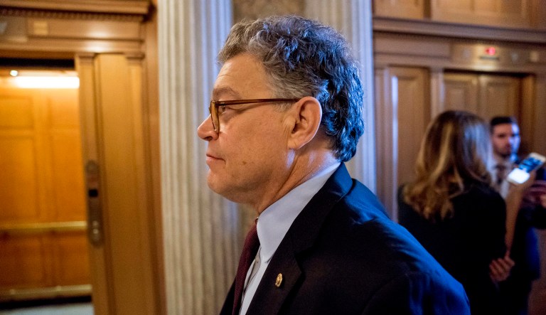 Sen. Al Franken, D-Minn., leaves a luncheon at the Capitol in Washington, Thursday, Dec. 21, 2017. Franken plans to officially leave the U.S. Senate on Jan. 2.