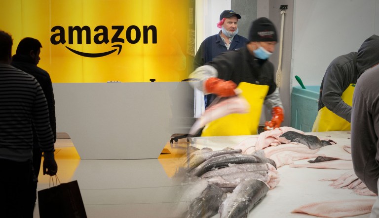 An office belonging to Amazon is on the left. Workers in an Alaskan fishing processing facility are seen on the right.