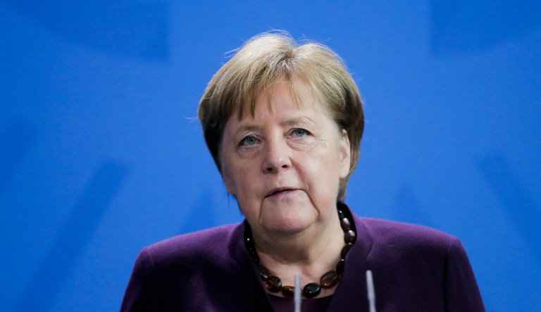 German Chancellor Angela Merkel gives a statement following a shooting in the central German city Hanau, at the chancellery in Berlin, Germany, Thursday, Feb. 20, 2020. Several people were killed at locations in when shots were fired in Hanau late Wednesday, with the suspect and another person found dead at his home afterwards.
