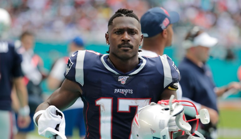 New England Patriots wide receiver Antonio Brown (17) on the sidelines,during the first half at an NFL football game against the Miami Dolphins, Sunday, Sept. 15, 2019, in Miami Gardens, Fla.