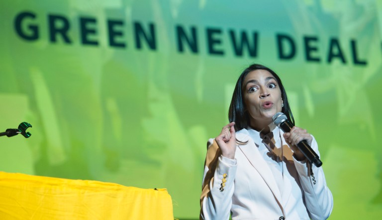 Rep. Alexandria Ocasio-Cortez, D-N.Y., addresses The Road to the Green New Deal Tour final event at Howard University in Washington, Monday, May 13, 2019.