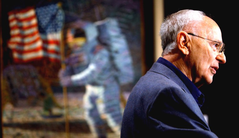 In this 2009 photo, Apollo 12 astronaut Alan Bean talks about the largest exhibition of his artwork to date, inspired by his experience walking on the moon, to celebrate the 40th anniversary of the first Apollo moon landing. He died at the age of 86 on Saturday.