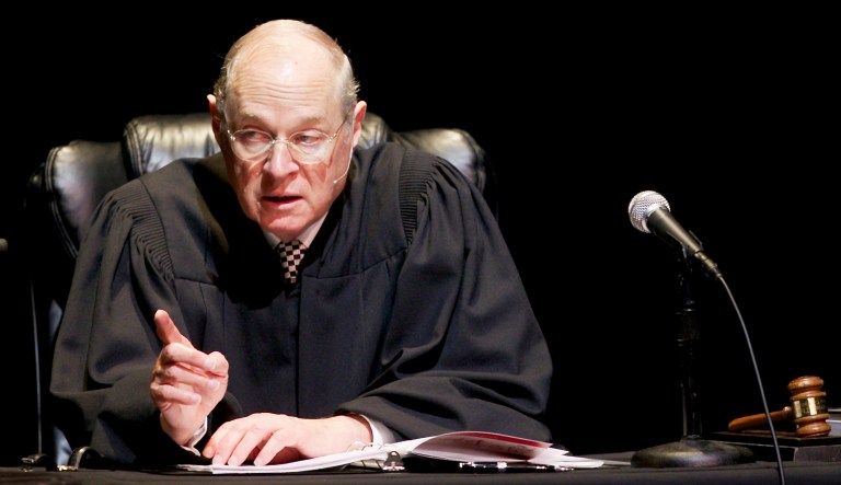 U.S. Supreme Court Justice Anthony Kennedy presides over arguments at "The Trial of Hamlet," a Shakespeare Center of Los Angeles representation of Hamlet's trial, with a jury of 12 community members, including actors, high school students, philanthropists and Los Angeles dignitaries at the University of Southern California in Los Angeles.