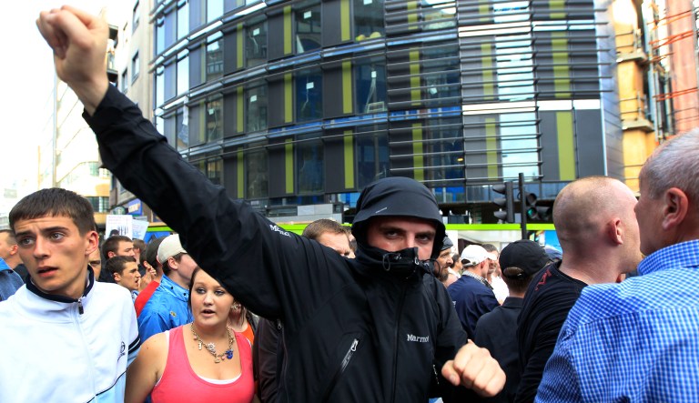 Members of the English Defense League gather for a rally in London, Saturday Sept. 3, 2011.